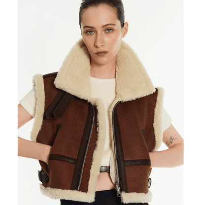 Women's Sheepskin Brown Shearling Aviator Leather Vest