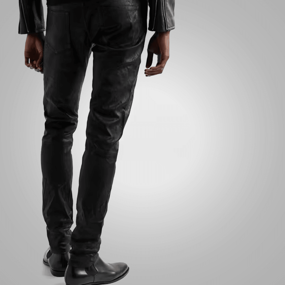 Men's Fashion Black Cowhide Leather Biker Pant