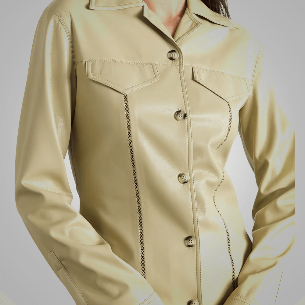 Women's Khaki Smooth Simple Button Closure Leather Shirt