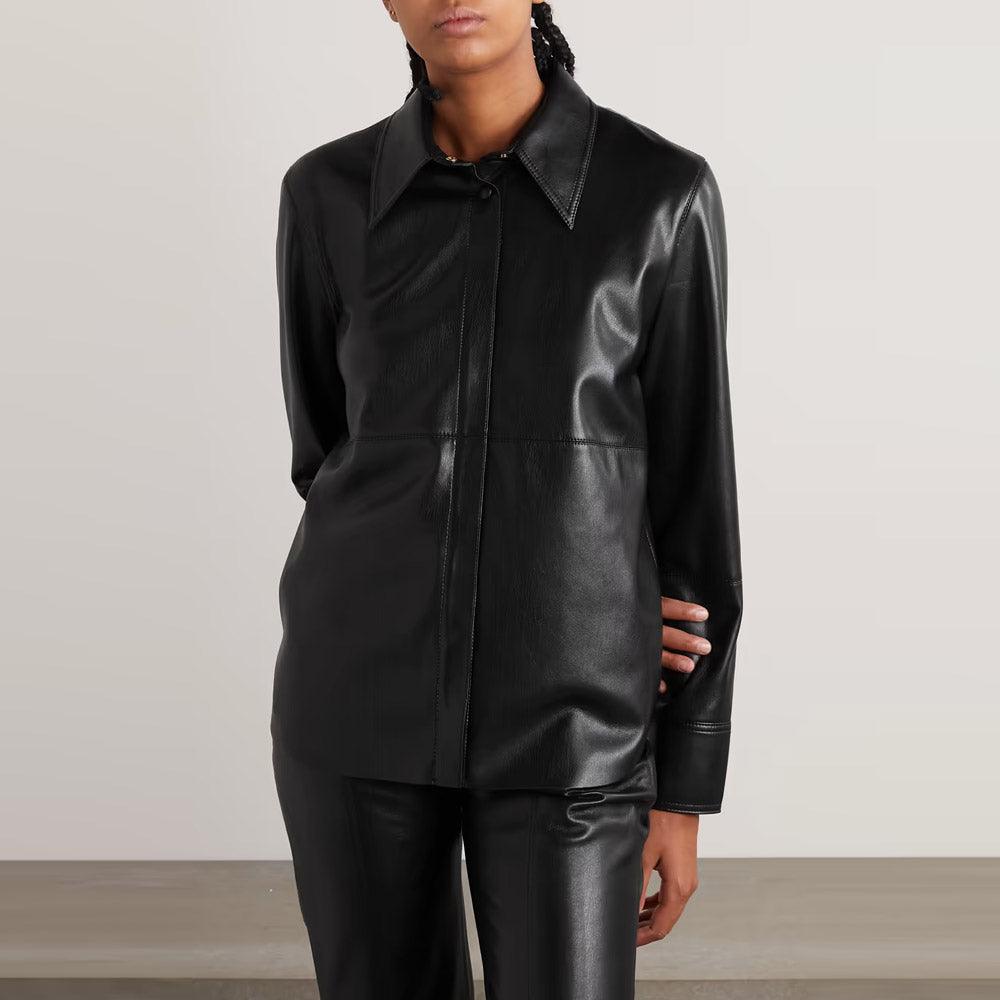 Black Supple Feel Soft Slim Leather Shirt For Women