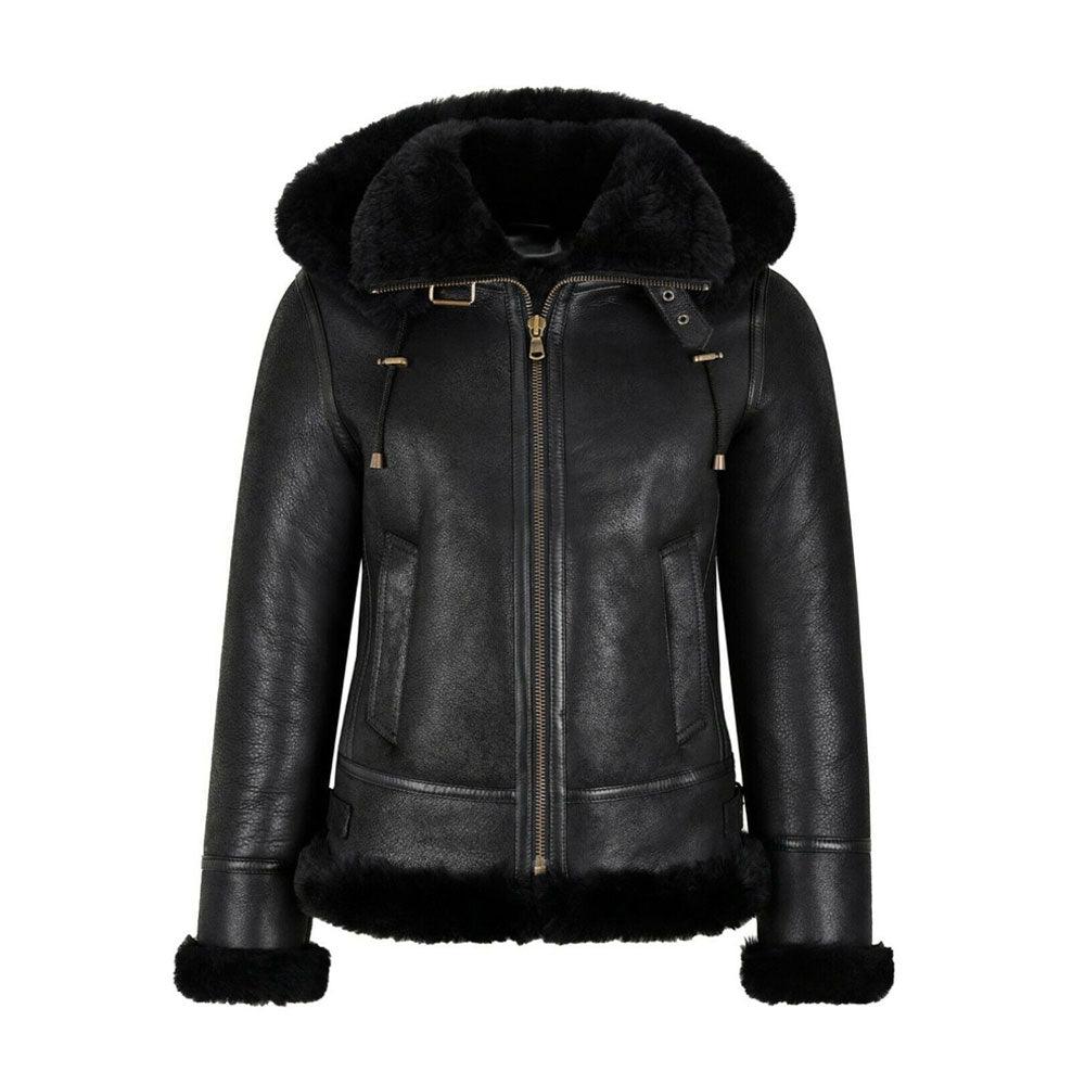 WOMEN'S B3 BOMBER HOODED CLASSIC BLACK SHEARLING JACKET