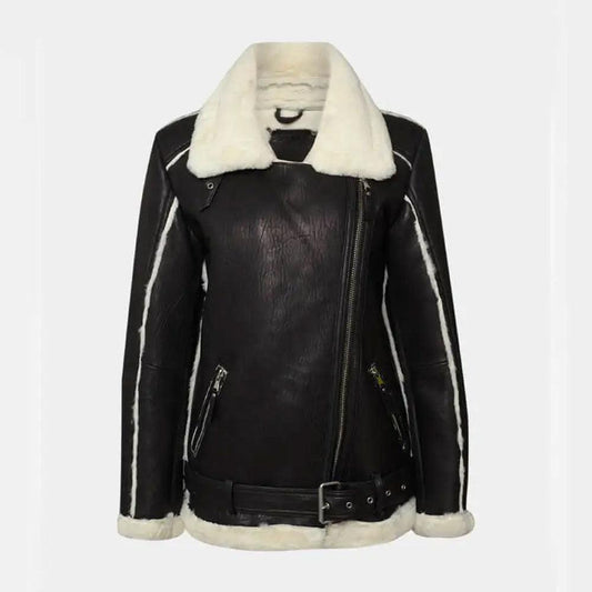 WOMEN’S BLACK OVERSIZED SHEARLING LEATHER JACKET