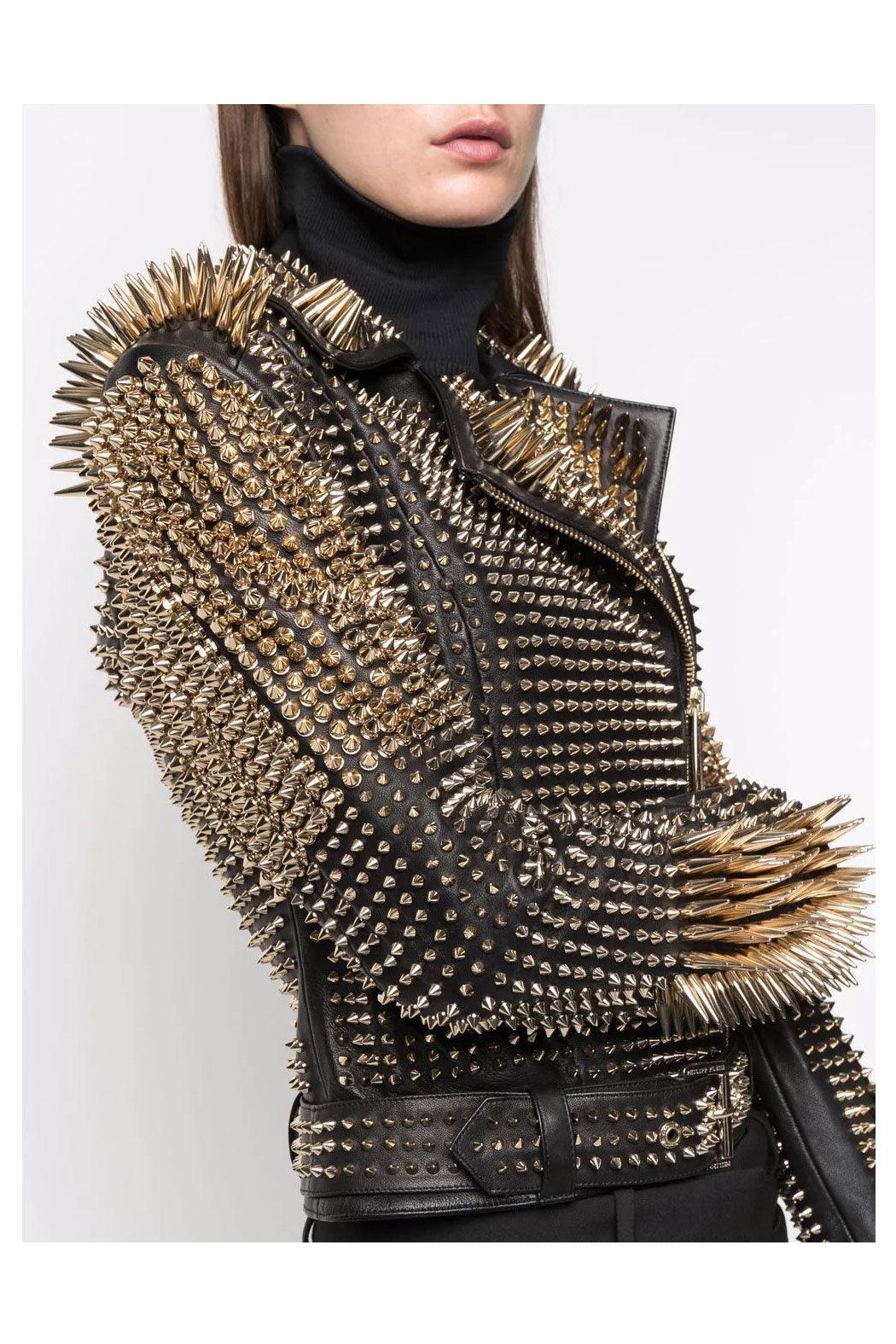 Women's Black Punk Silver Long Spiked Studded Leather Biker Jacket