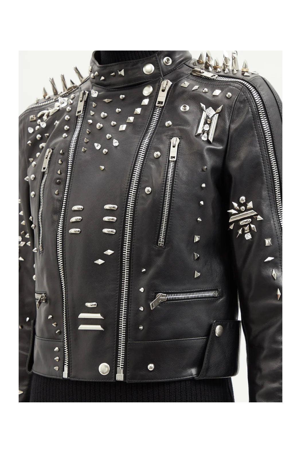 Black Women style Silver Long Spiked Studded Motorcycle Leather Jacket