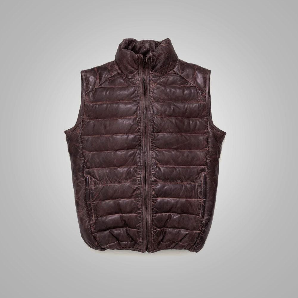 Mens Dark Brown Bubble Leather Down Vest