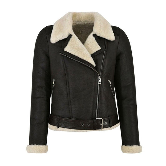 WOMEN'S GENUINE LEATHER FAUX FUR SHEARLING BIKER JACKET