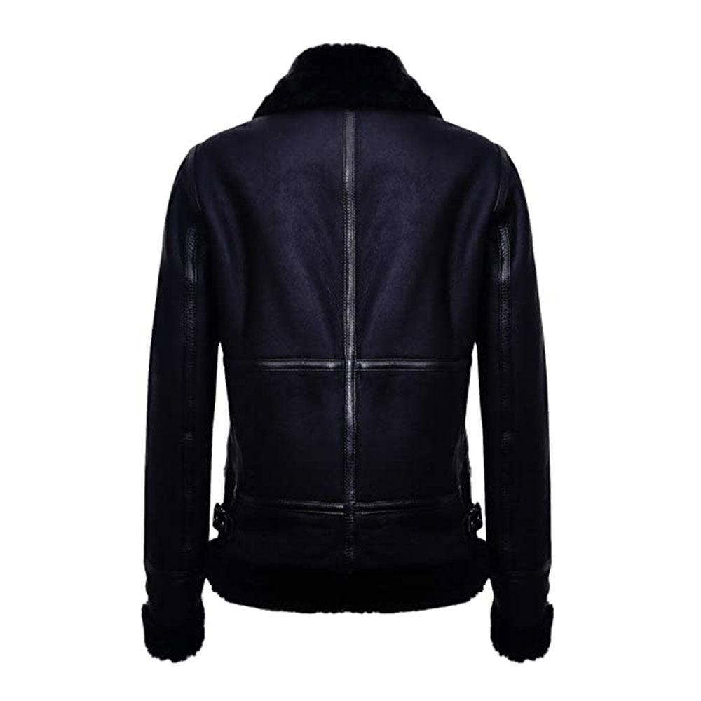 WOMEN'S BLACK AVIATOR BIKER GENUINE SHEEPSKIN SHEARLING LEATHER JACKET