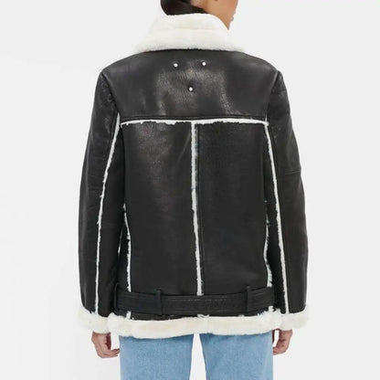 WOMEN’S BLACK OVERSIZED SHEARLING LEATHER JACKET