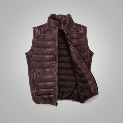 Mens Dark Brown Bubble Leather Down Vest