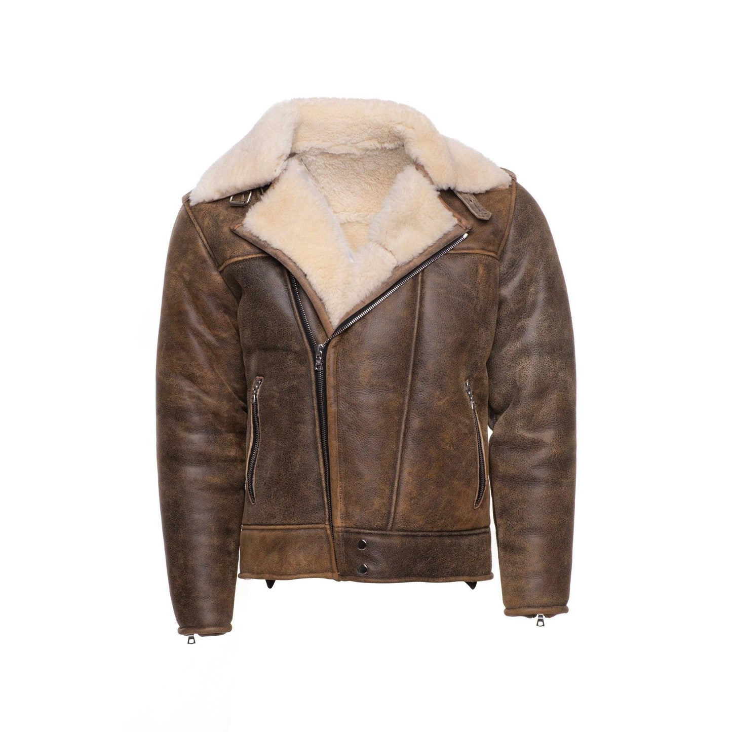 Distressed Biker bomber shearling jacket with notch lapels