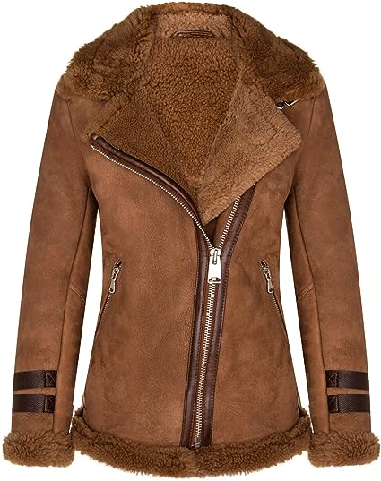 Women's Brown Sheepskin Biker Merino Shearling Aviator Leather Jacket