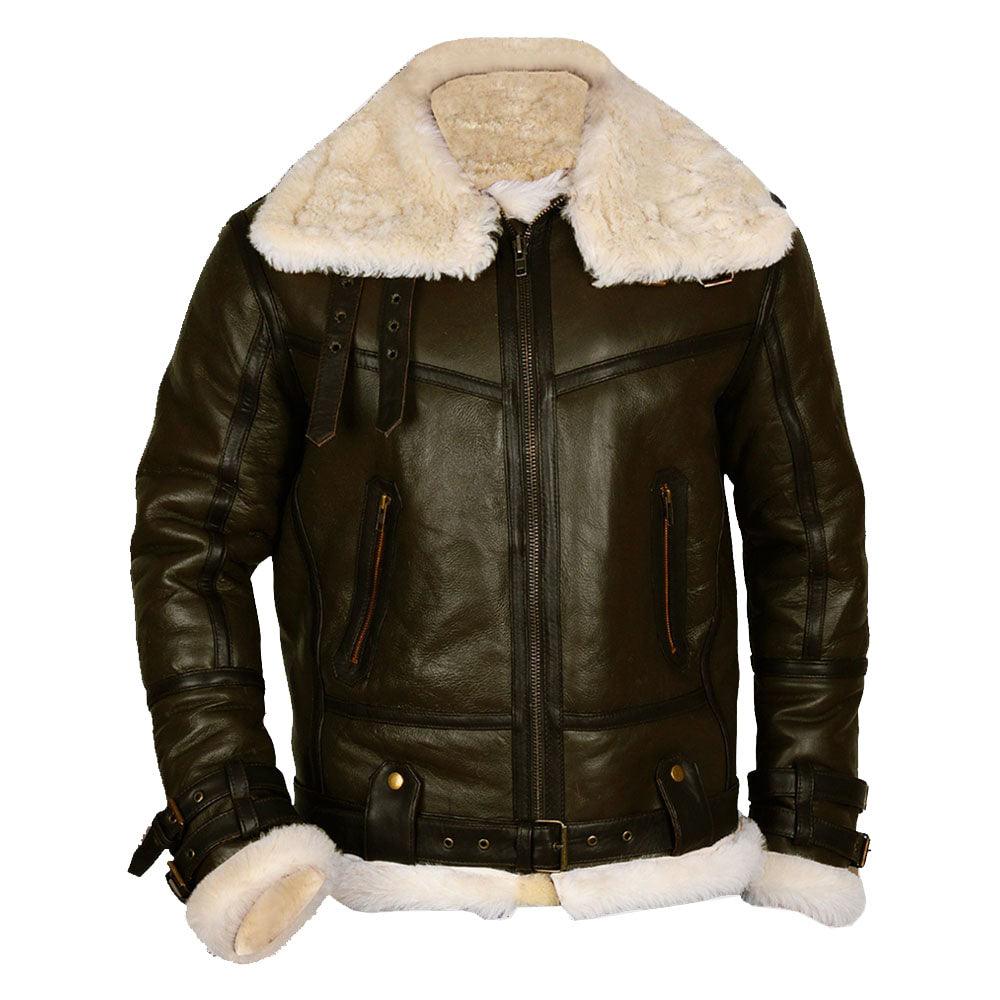 Army Green Men B3 Bomber Shearling Shearling Leather Jacket