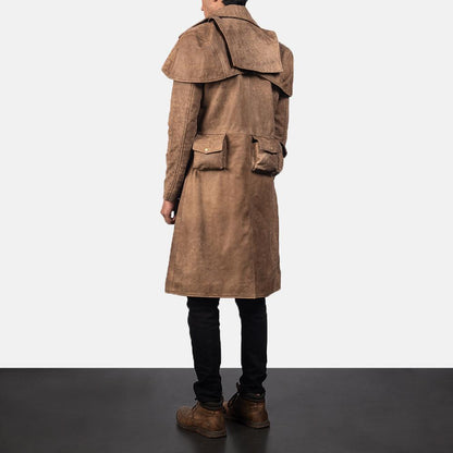 Men's Army Brown Sheepskin Leather Duster Coat