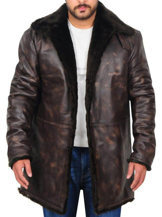 Brown Fur Collar Distressed Jacket For Men