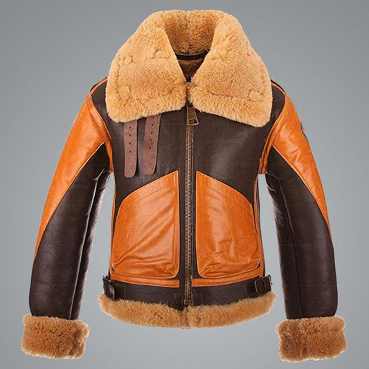 Men's Brown Aviator Sheepskin RAF B3 Shearling Bomber Leather Jacket