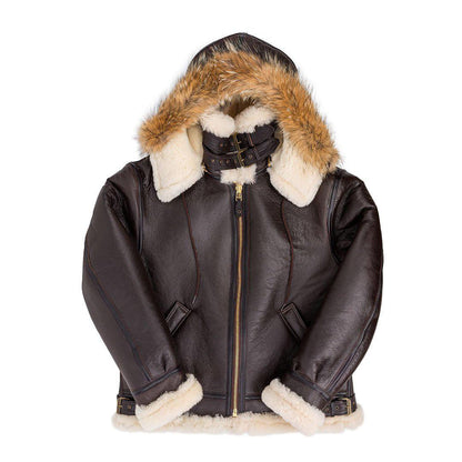 B-3 Hooded Sheepskin Bomber Style Jacket For Men