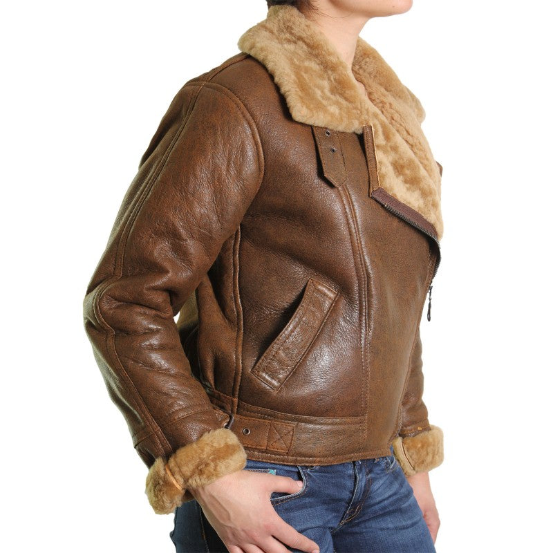 Brown Leather Sheepskin Shearling Jacket Womens