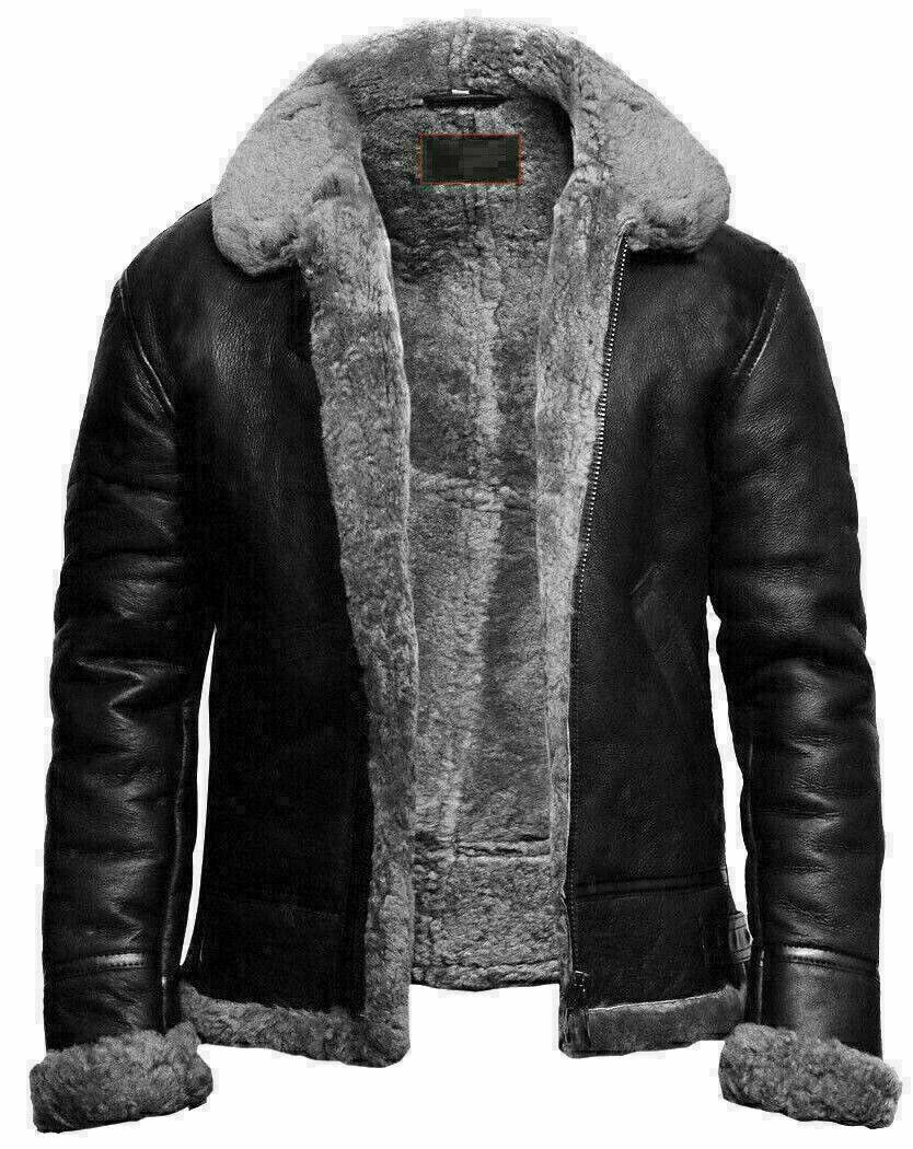 Men's B3 Bomber Flying RAF Aviator Real Fur Collar Leather Jacket