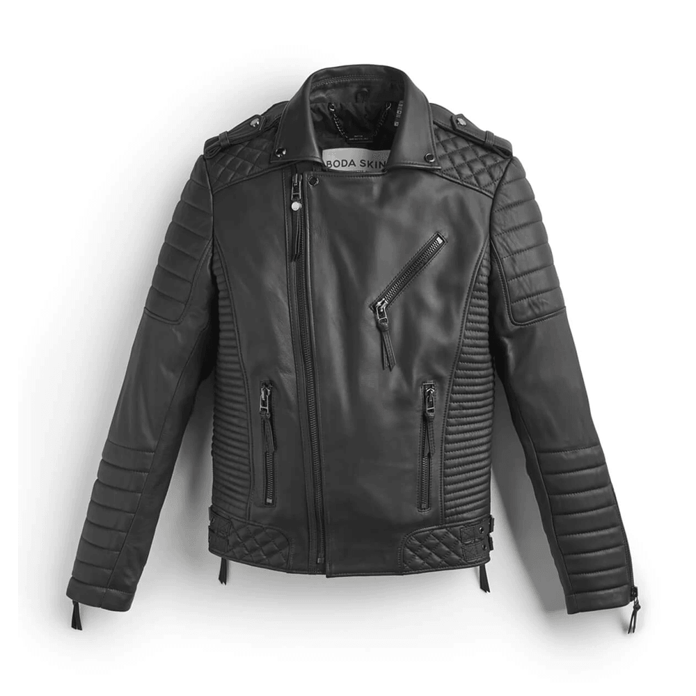 Men's Black Leather Biker Jacket With Pattern