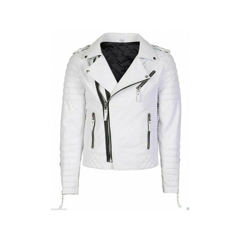 White Biker Leather Jacket Men's Double Breast Style