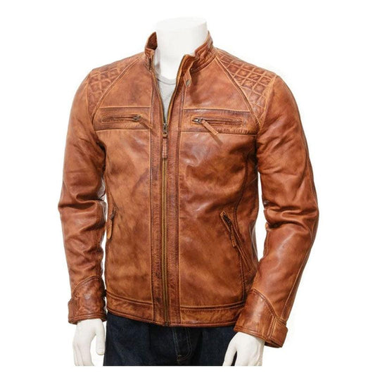 Men's Tan Leather Biker Jacket In Brown