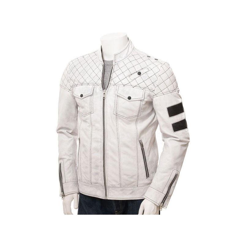 Men's White Leather Biker Jacket Online