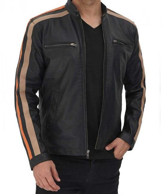 Men's Black Leather Harland Stripe Cafe Racer Style Jacket