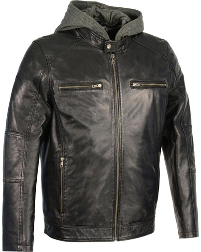 Snap Collar Jacket w/ Removable Hood Leather Moto Jacket