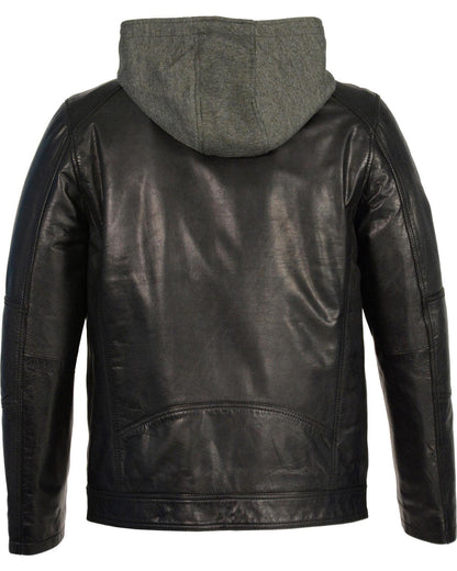 Snap Collar Jacket w/ Removable Hood Leather Moto Jacket