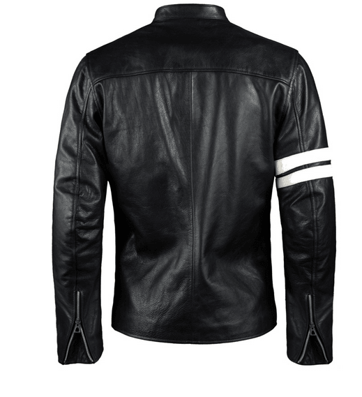 Black Biker Leather Jacket With White Stripes For Men