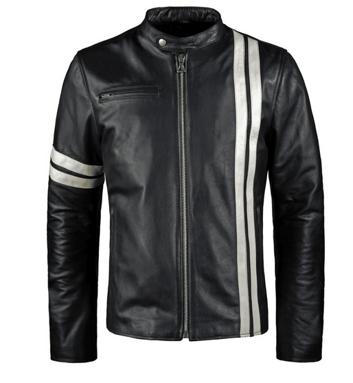 Black Biker Leather Jacket With White Stripes For Men