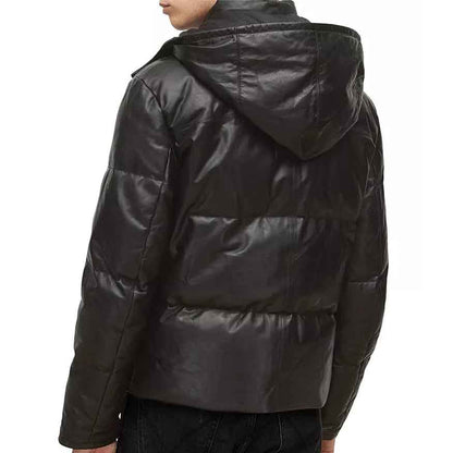 Black Leather Hooded Puffer Jacket