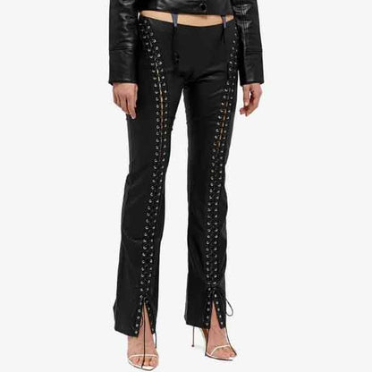Black Leather Pant For Women with Front Laces