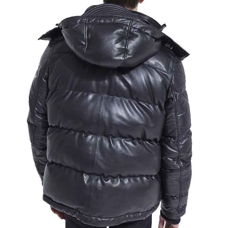 Black Leather Down Jacket With Straps