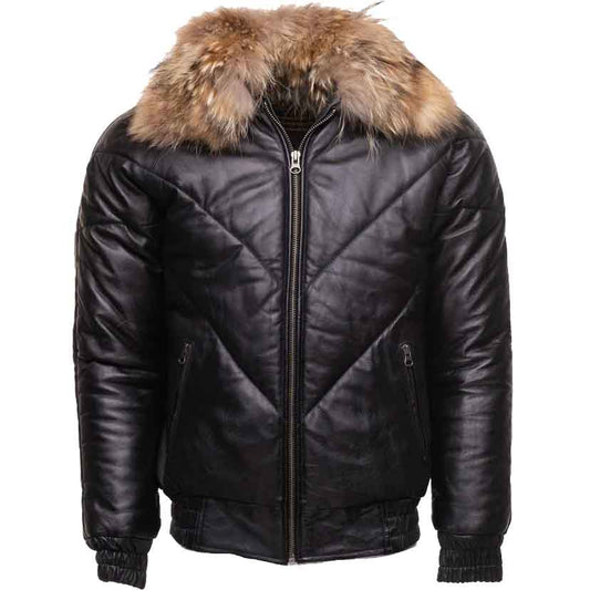 Black V-Bomber Style Puffer Winter Leather Jacket With Fur Collar