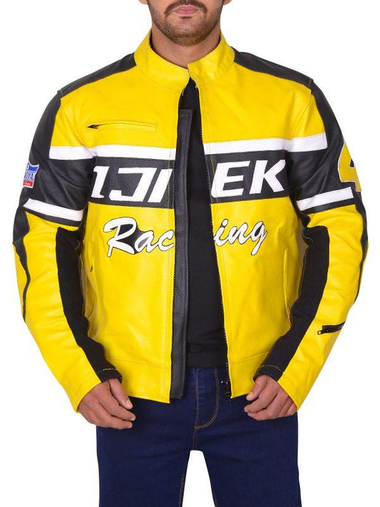 Men's Black & Yellow Biker Leather Jacket