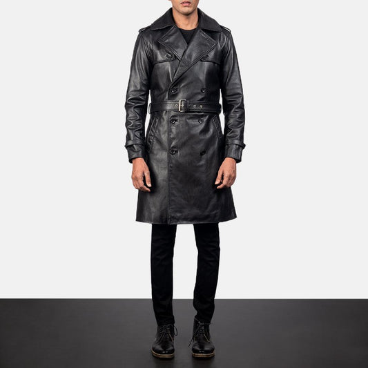 Black Sheepskin Leather Duster Belted Coat For Men