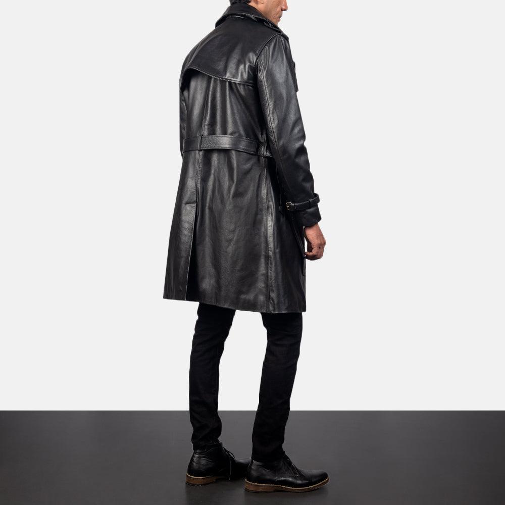 Black Sheepskin Leather Duster Belted Coat For Men