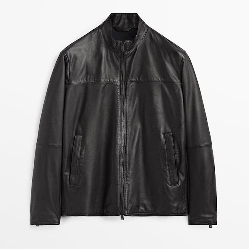 Black Sheepskin Leather Biker Jacket For Men