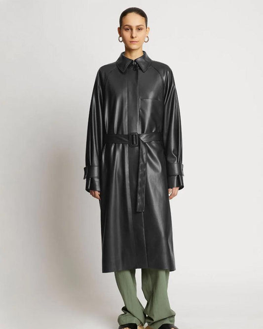 Sheepskin Leather Plain Trench Coat In Black