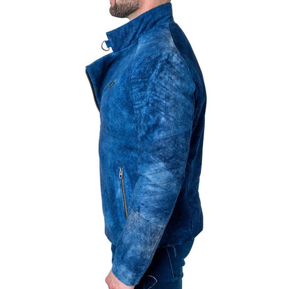 Blue Suede Leather Motorcycle Jacket For Men