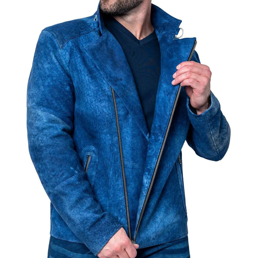 Blue Suede Leather Motorcycle Jacket For Men