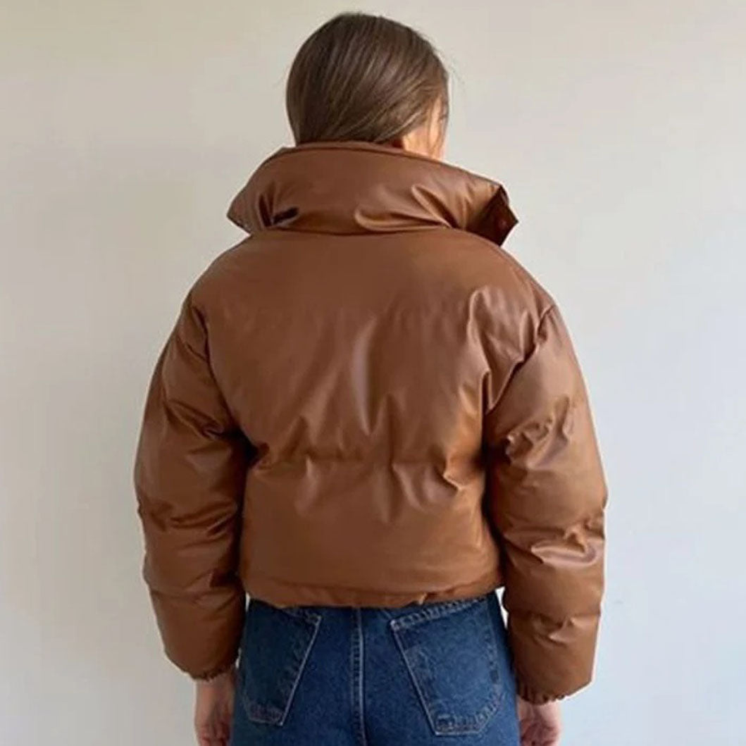 Womens Leather Puffer Jacket in Tan
