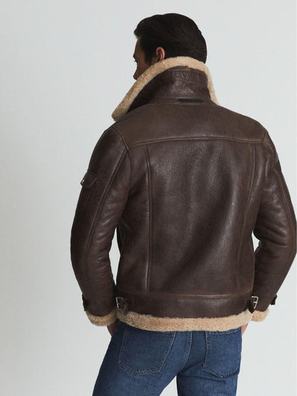 Aviator Brown Leather Jacket with Shearling Collar