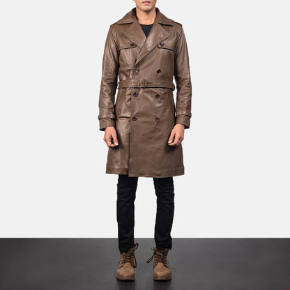 Men's Sheepskin Leather Duster Coat In Brown
