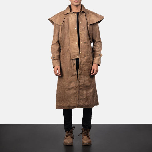 Sheepskin Brown Leather Trench Duster Coat For Men