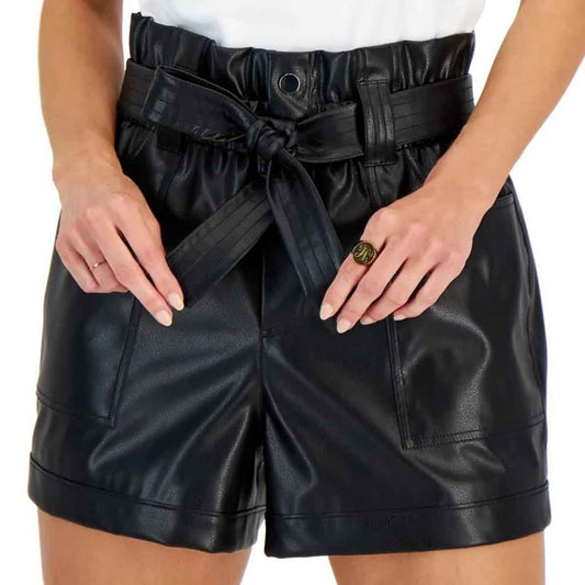 Womens High Waisted Belted Black Leather Shorts