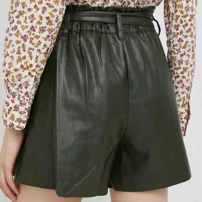 Womens High Waist Green Leather Shorts with Tie