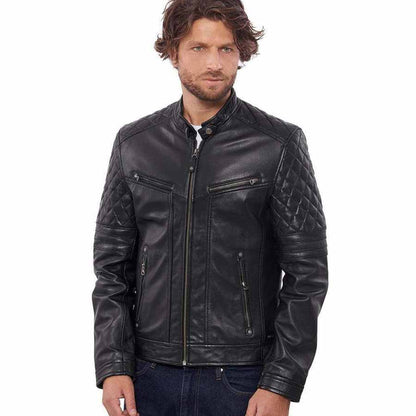 Mens Black Quilted Leather Biker Jacket