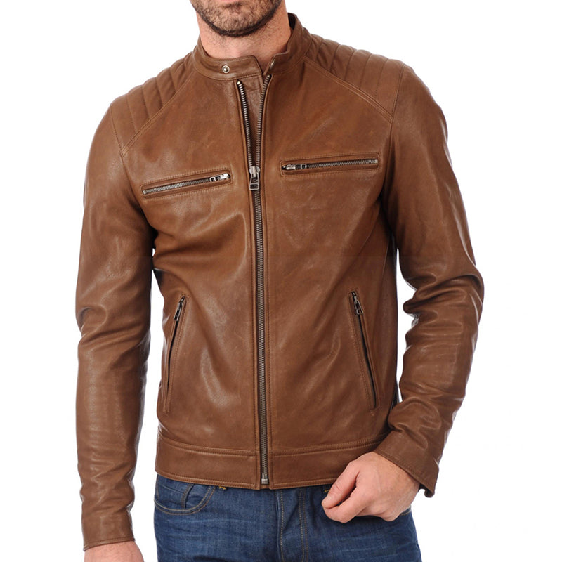 Classic Mens Brown Biker Real Leather Jacket
